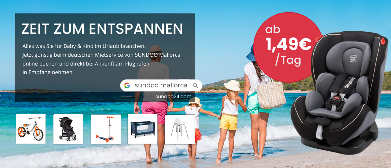 Sundoo Mallorca Mieten ab 1,49€ / Tag: Kindersitze, Babyschalen, Reboarder, Sitzerhöhung + Deutscher Mietservice + Verlässlich & Sicher